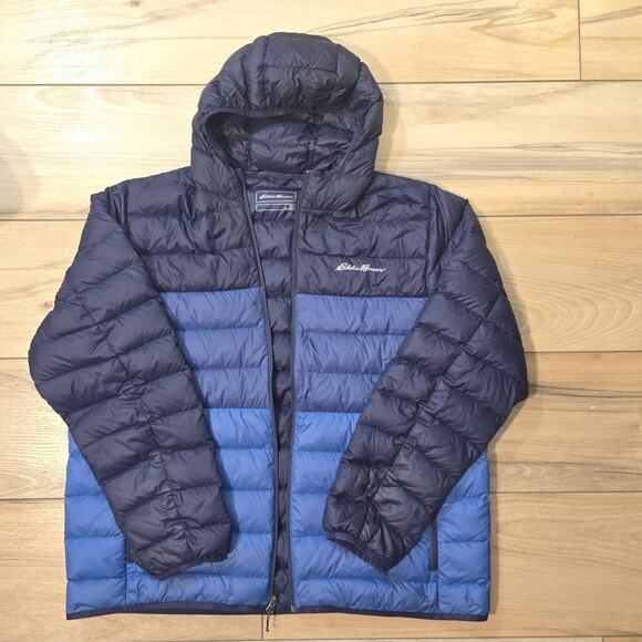 Eddie Bauer Men’s XXL Down Hooded Puffer Jacket Blue Quilted Packable Coat - Picture 1 of 15